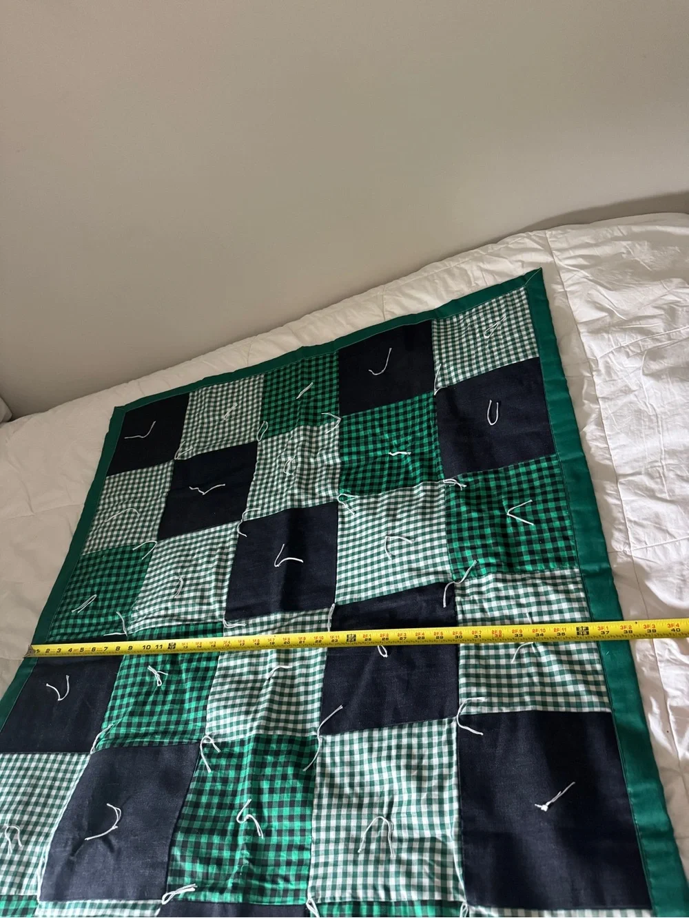 Handmade Green Patchwork Quilt 44x38 - Vintage Style Gingham Checkered Lap Quilt
